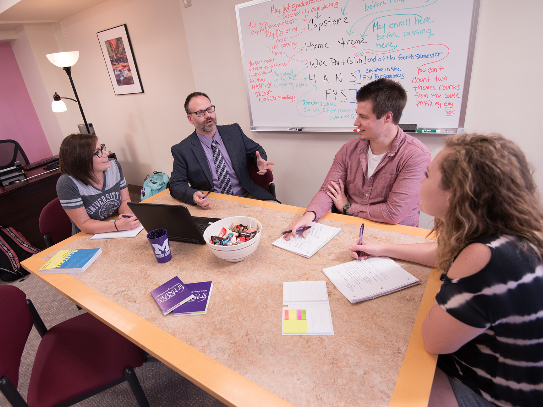 Students and a faculty member participating in an advising session