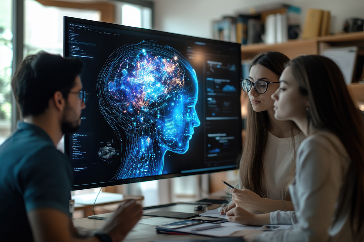 AI professionals collaborating in front of a computer