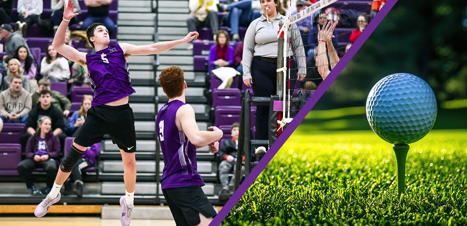 An image of a Mount Union men's volleyball player spiking the ball at a game split with an image of a golfball on a tee