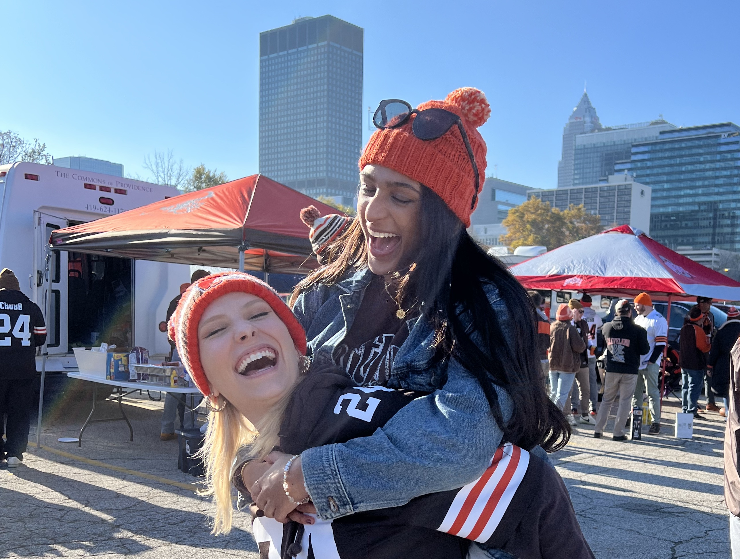 Patel M'25 with a friend at a Cleveland Browns game